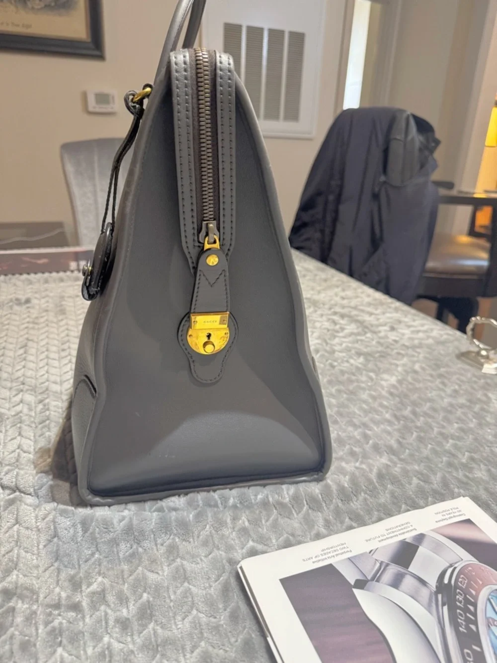 Gucci Gray Leather Duffel with Green and Red Web Stripes